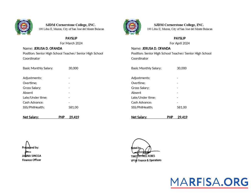 Realistic SJDM Cornerstone College payslip real example